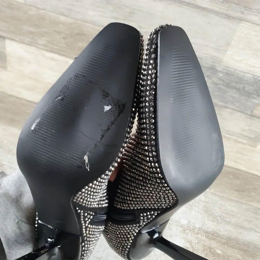 Steve Madden Vakay Womens Ankle Bootie Sz 6 Black Rhinestone Side Zip Pointy Toe